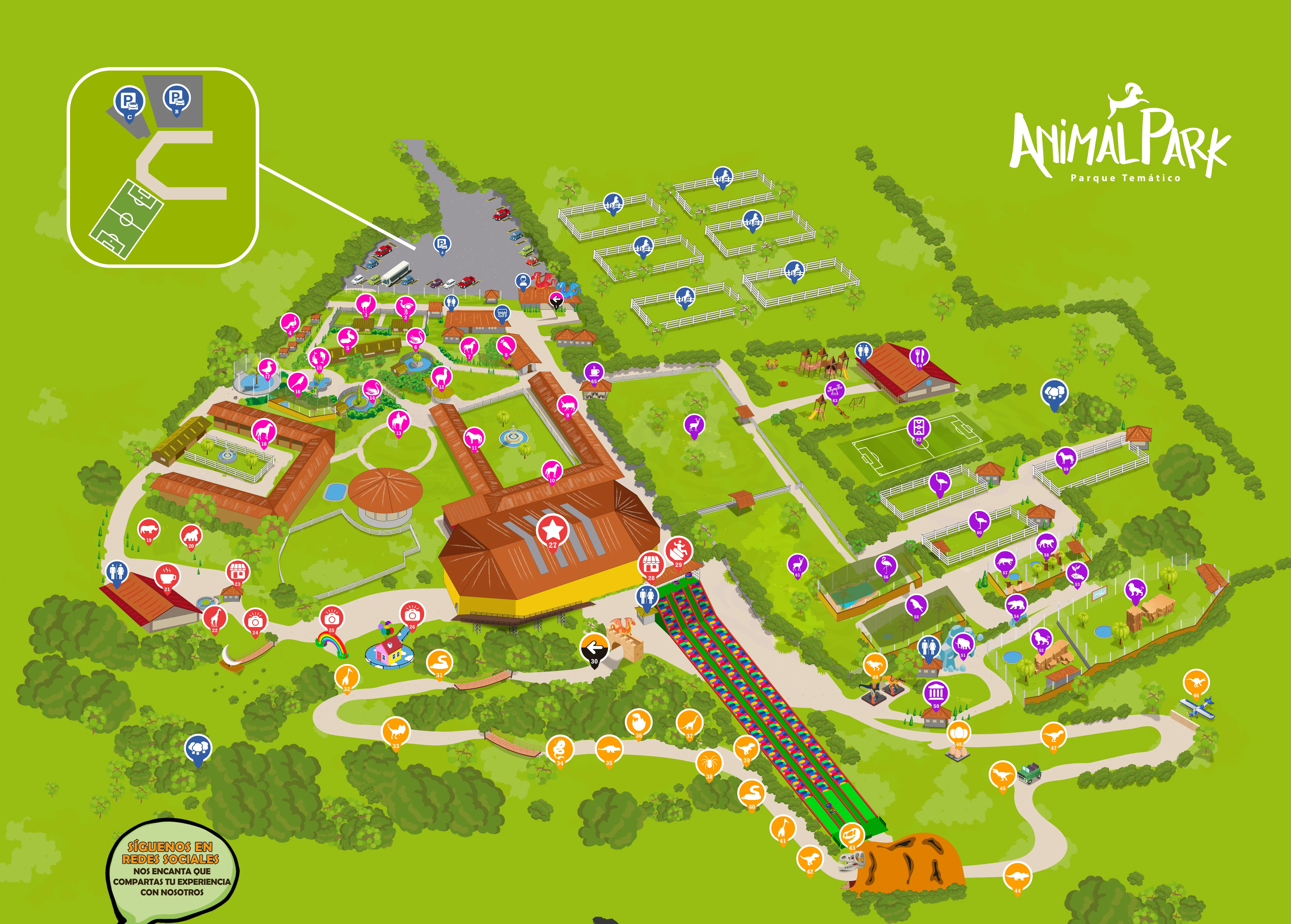 Plano ilustrado de Animal Park con las áreas exótica, aventura, jurásica y salvaje. Los puntos también se pueden buscar en la lista.