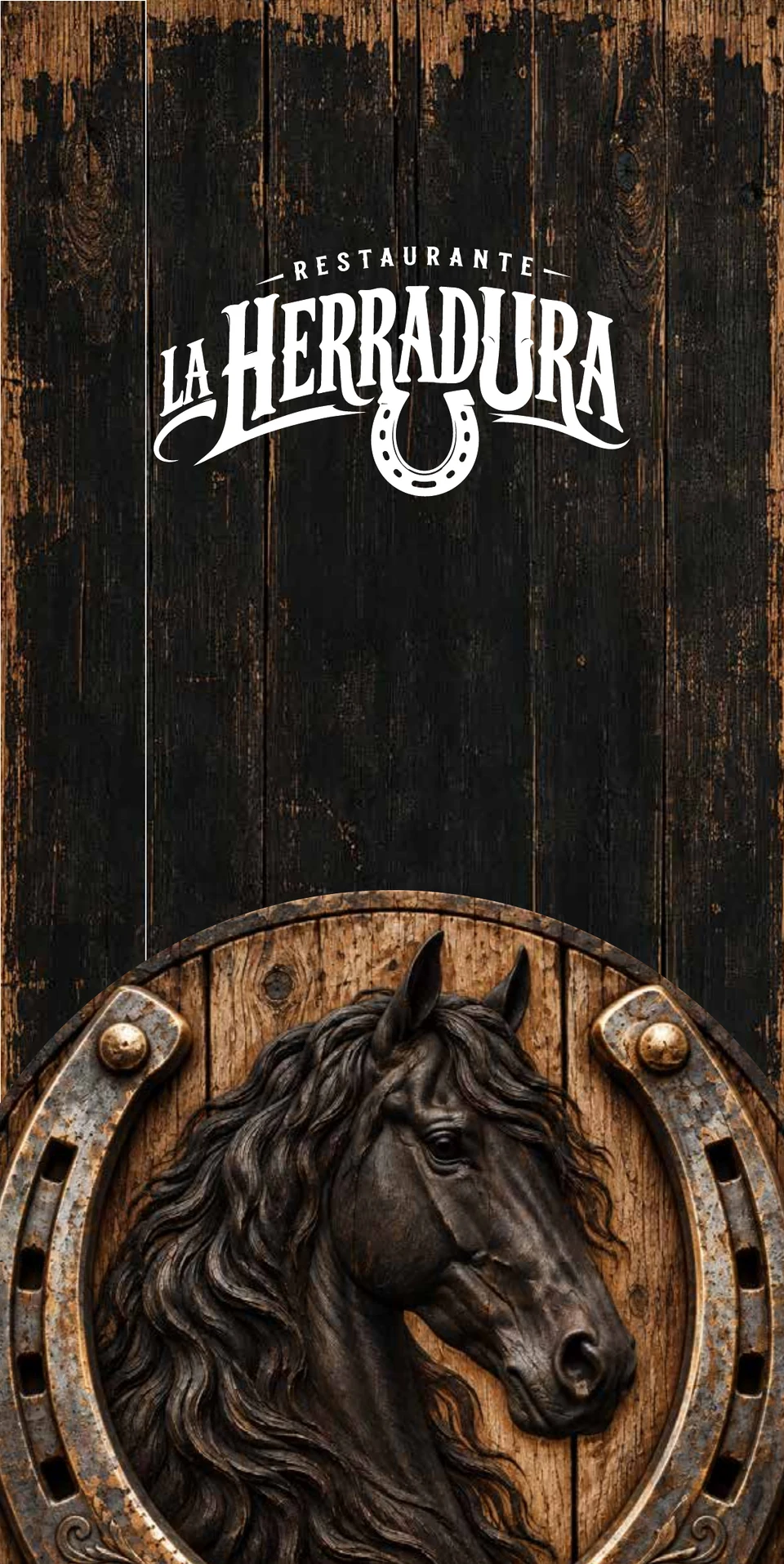 Portada original del restaurante La Herradura: madera oscura, logotipo y caballo
