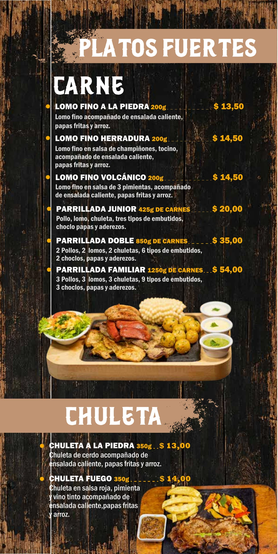 Página 3 de la carta de La Herradura: Carnes y chuleta. El contenido también está disponible en texto debajo.