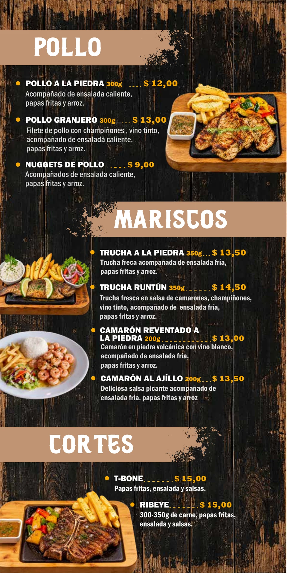 Página 4 de la carta de La Herradura: Pollo, mariscos y cortes. El contenido también está disponible en texto debajo.